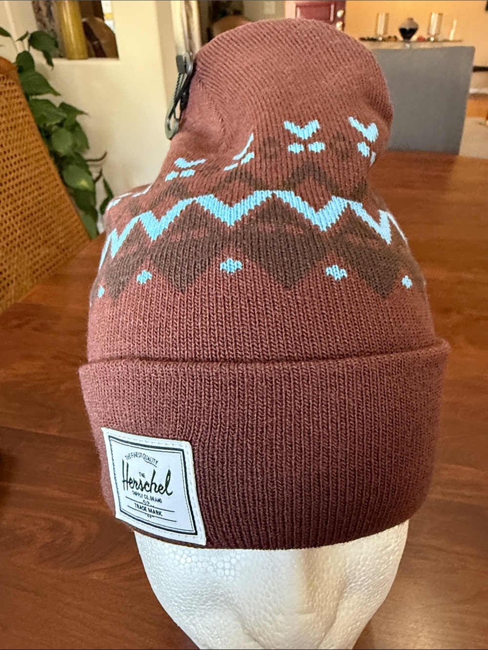 Herschel Supply Company Mens Brown Beanie with Light Blue Fair Isle Pattern